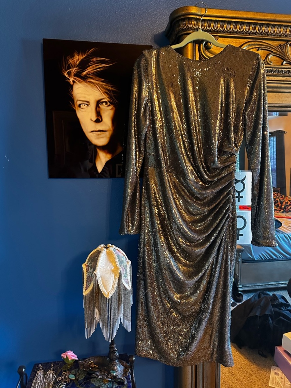 Source Unknown Silver Sequin Long Sleeve Draped Cocktail Dress - Picture 2 of 4